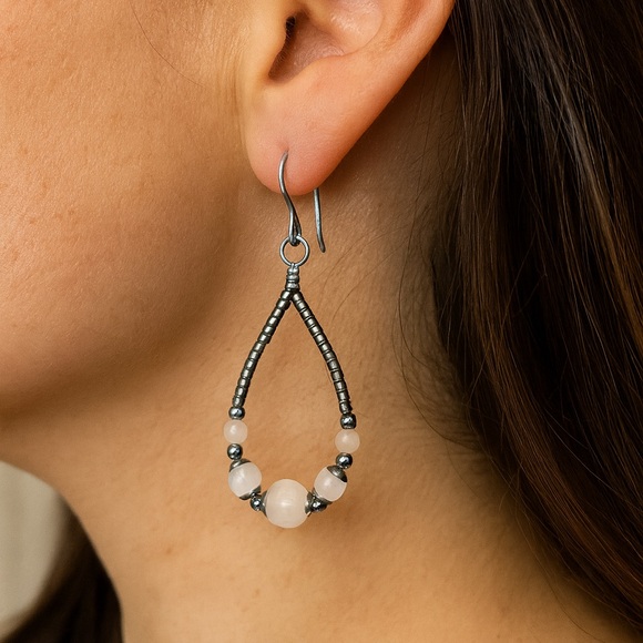 Natural Selenite Teardrop Hoop Earrings in Stainless Steel Handmade Artisan - Picture 9 of 10